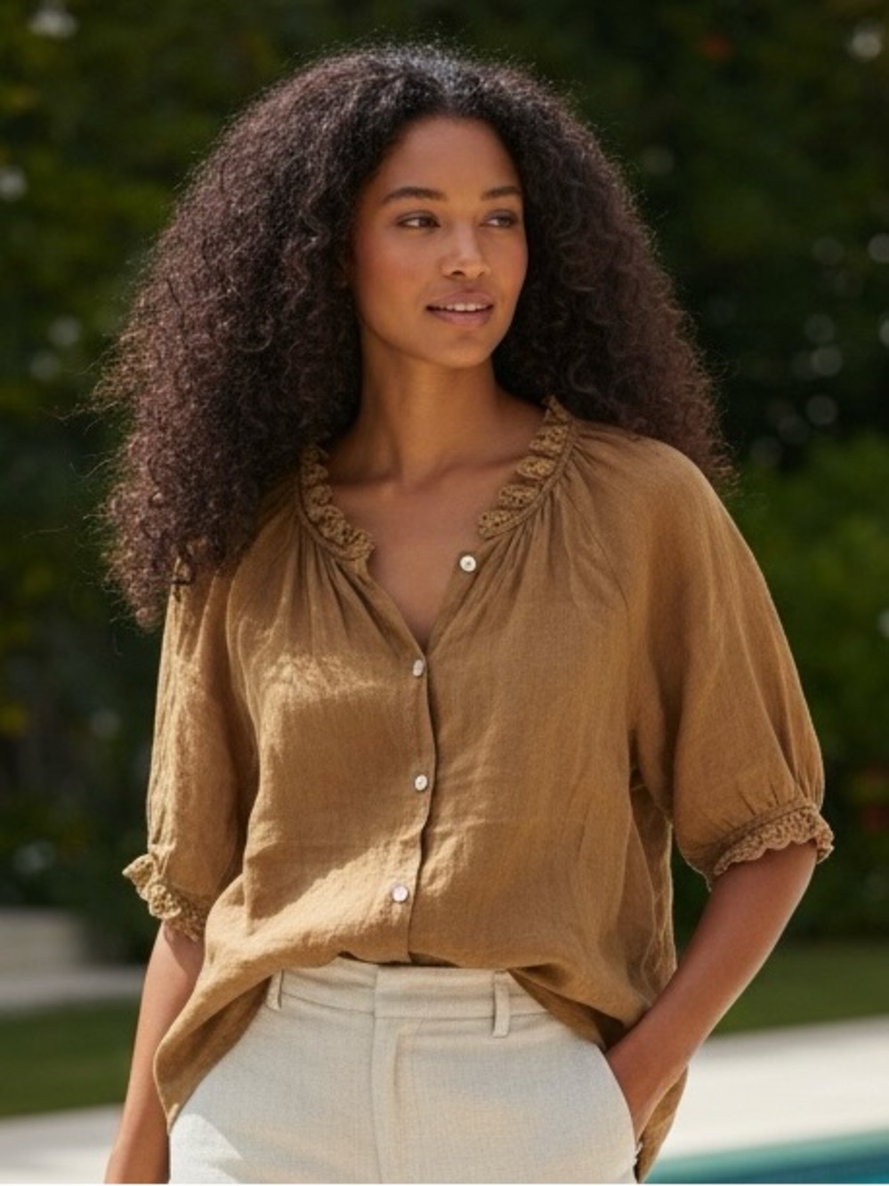 Womens Tan Linen Button-Down Peasant Blouse